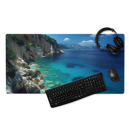 Large professional calm ocean blue gaming mouse pad with coastal landscape