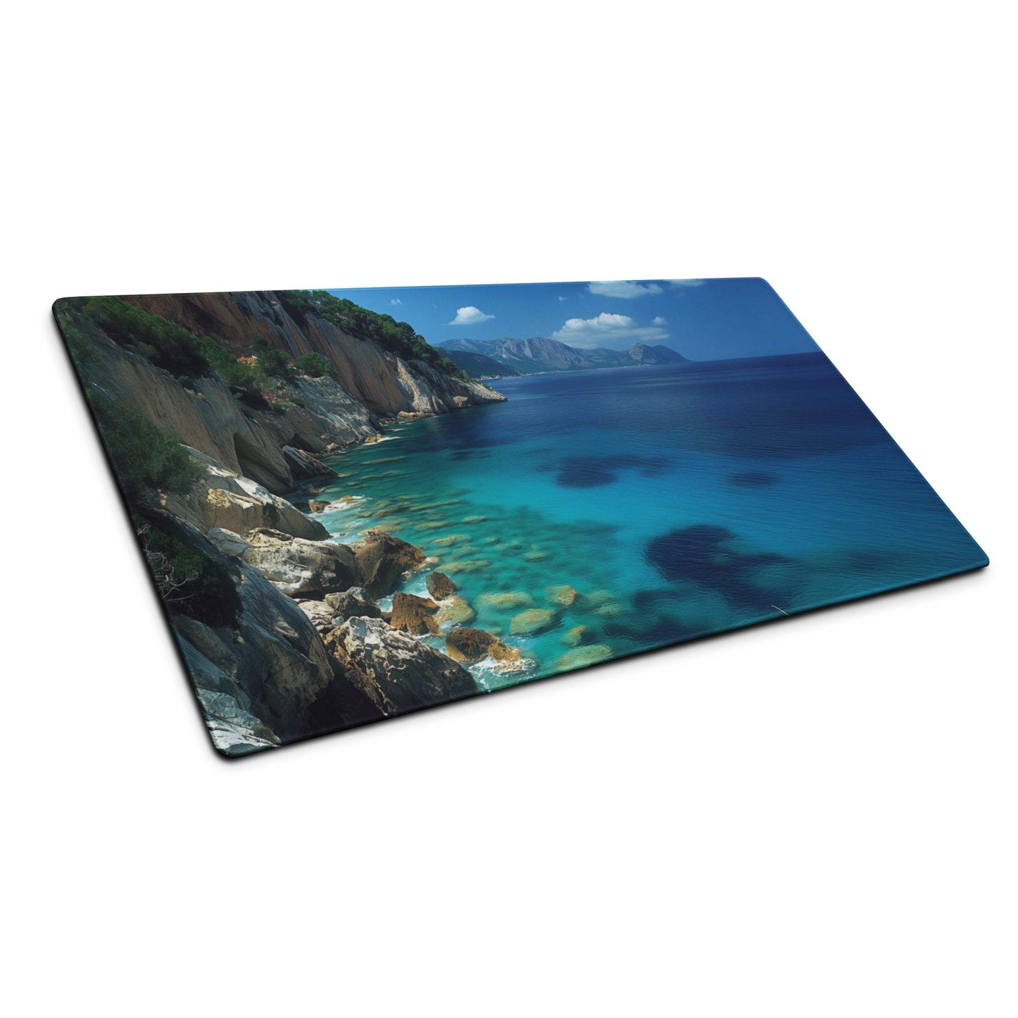 Large calm ocean blue gaming mouse pad with coastal scene, non-slip base