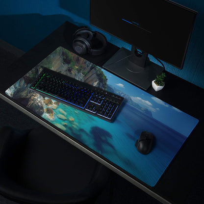 Blue ocean gaming mousepad with rocky shore, mountains, non-slip base