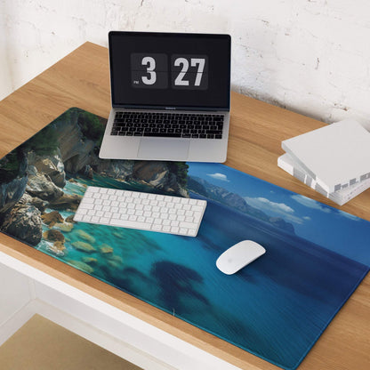 Large blue ocean gaming mouse pad with rocky coast, turquoise waters, non-slip base