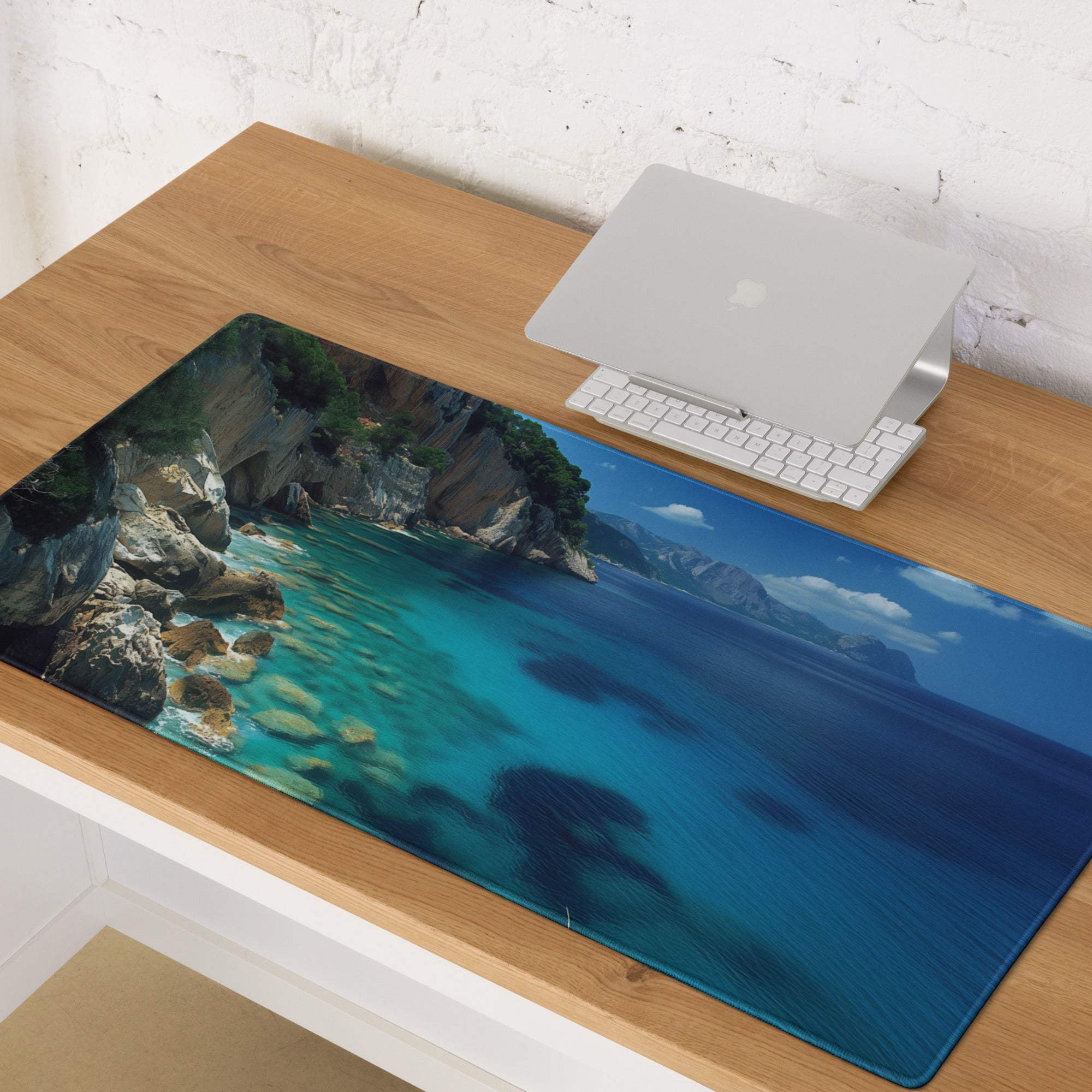 Large professional calm ocean blue gaming mousepad with turquoise coastal scene