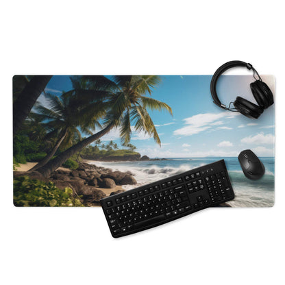 Ultra wide tropical beach paradise gaming mouse pad with palm trees and waves