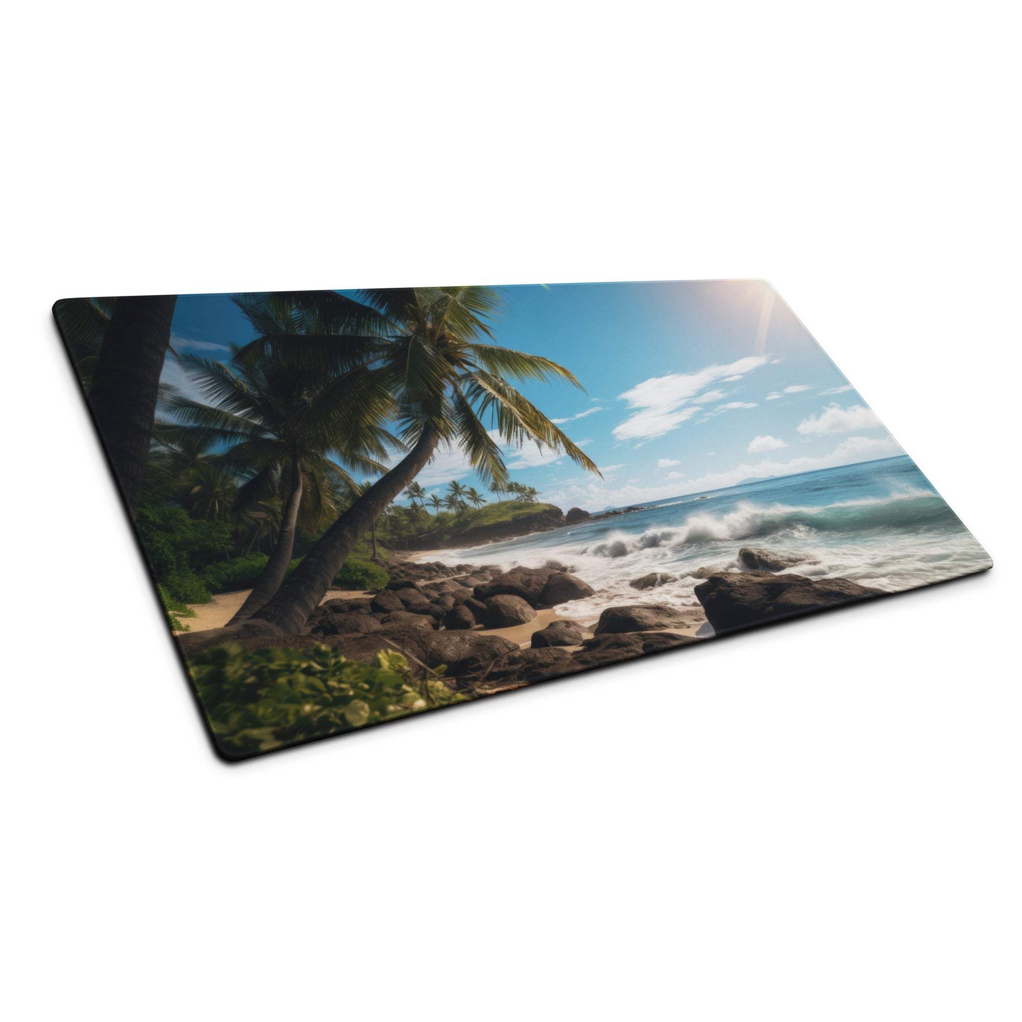 Ultra wide tropical beach paradise gaming mouse pad with palm trees, turquoise waves, rocky shoreline, blue sky
