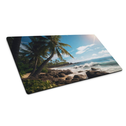 Ultra wide tropical beach paradise gaming mouse pad with palm trees, turquoise waves, rocky shoreline, blue sky