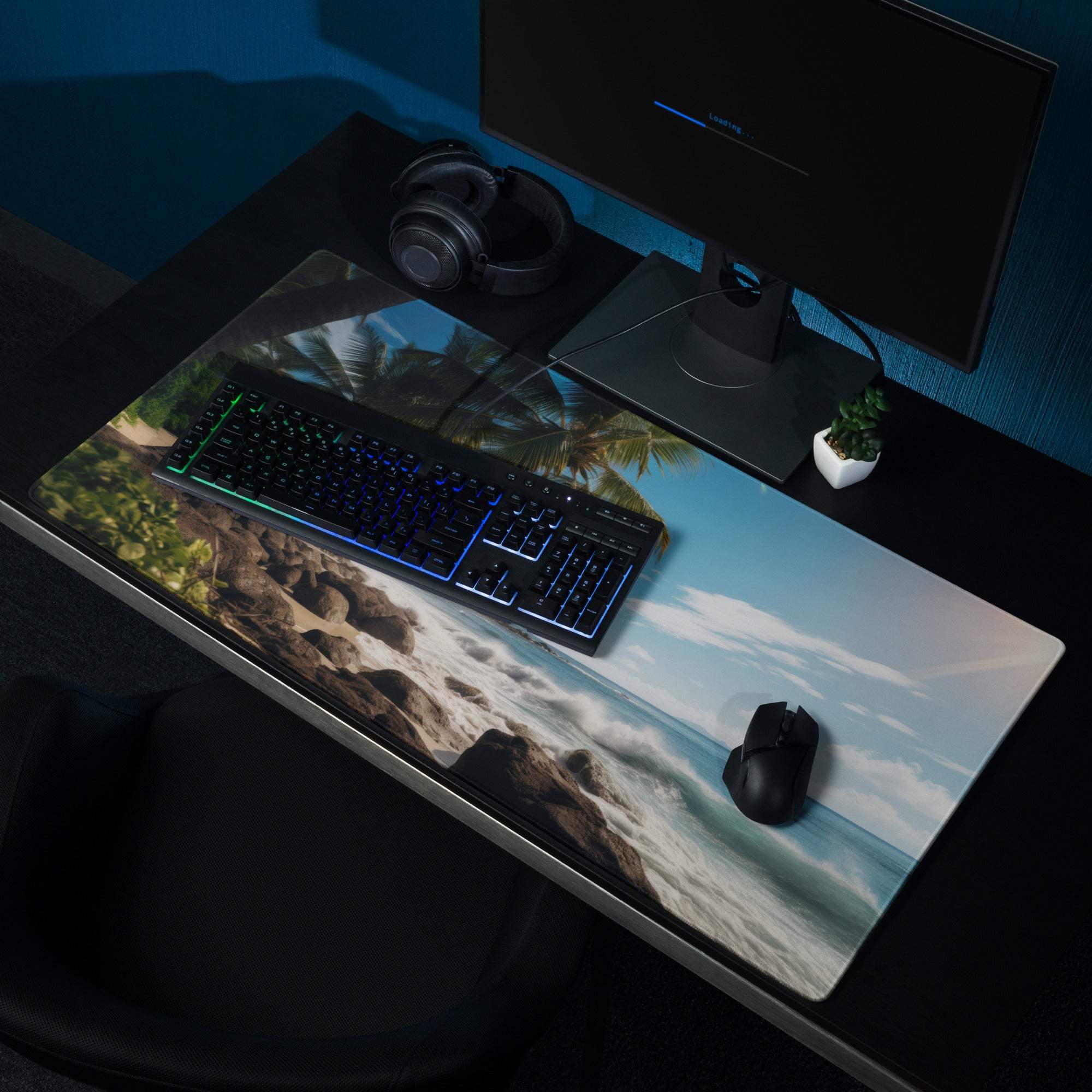 Ultra wide tropical beach paradise gaming mouse pad with palm trees and waves
