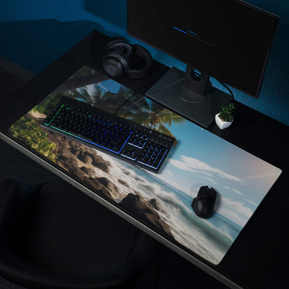 Ultra wide tropical beach paradise gaming mouse pad with palm trees and waves