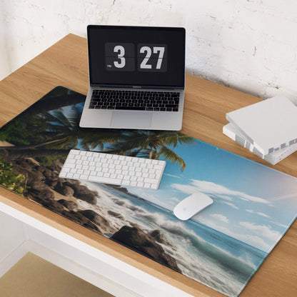 Ultra wide tropical beach paradise gaming mouse pad with turquoise waves and palm trees