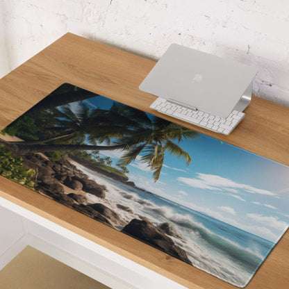 Ultra wide tropical beach paradise gaming mouse pad with palm trees and waves