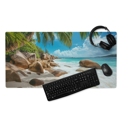 Black keyboard on vibrant beach scene ocean blue gaming mouse pad
