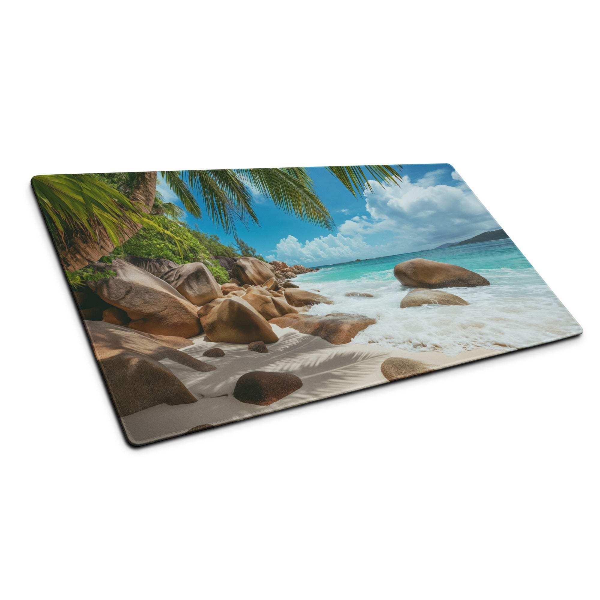 Beach scene glass cutting board on vibrant ocean blue gaming mouse pad