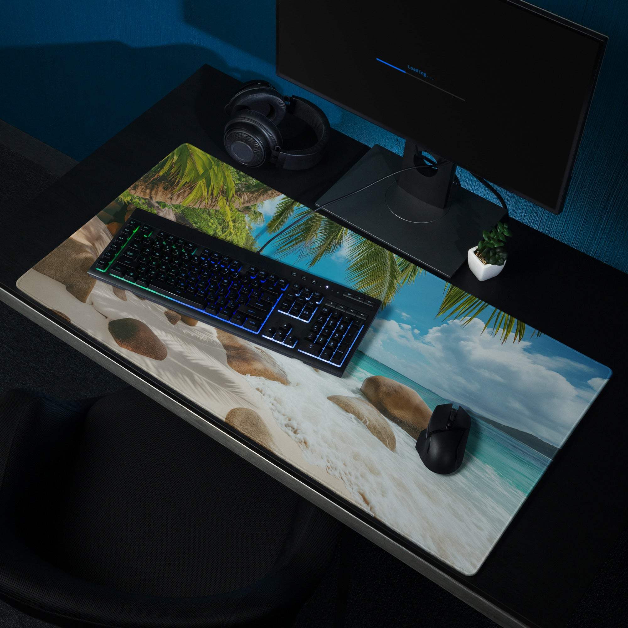 Vibrant beach scene ocean blue gaming mouse pad with palm trees and turquoise water