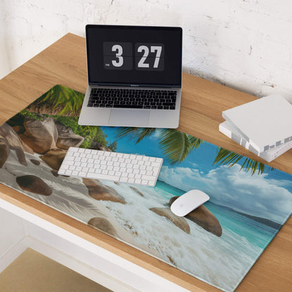 Vibrant beach scene ocean blue gaming mouse pad with turquoise water and palm fronds