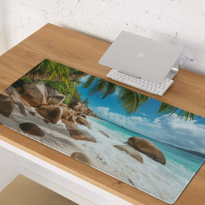 Vibrant beach scene ocean blue gaming mouse pad with turquoise water and palm trees