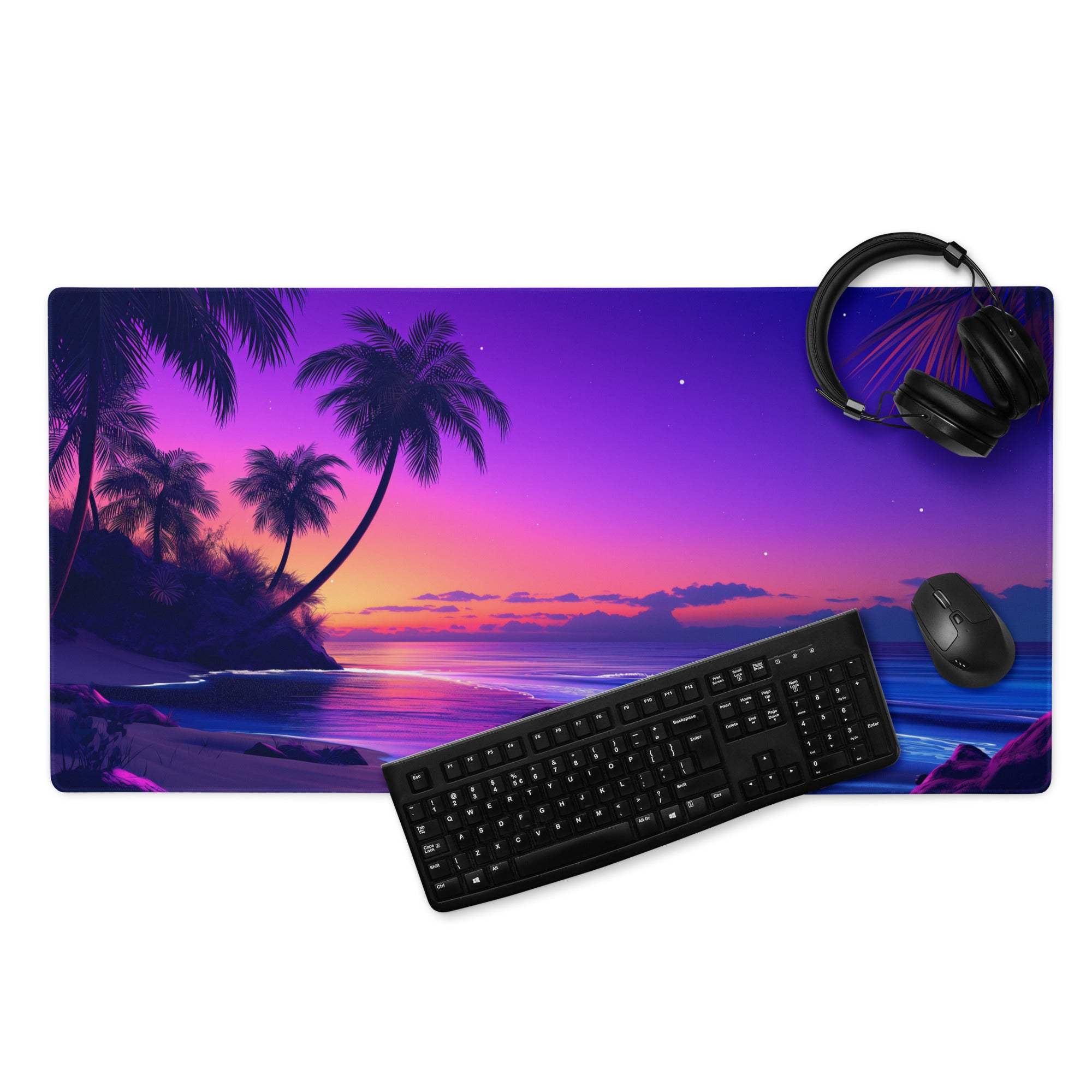 Large tropical sunset gaming mouse pad with purple pink beach palm trees waves stars
