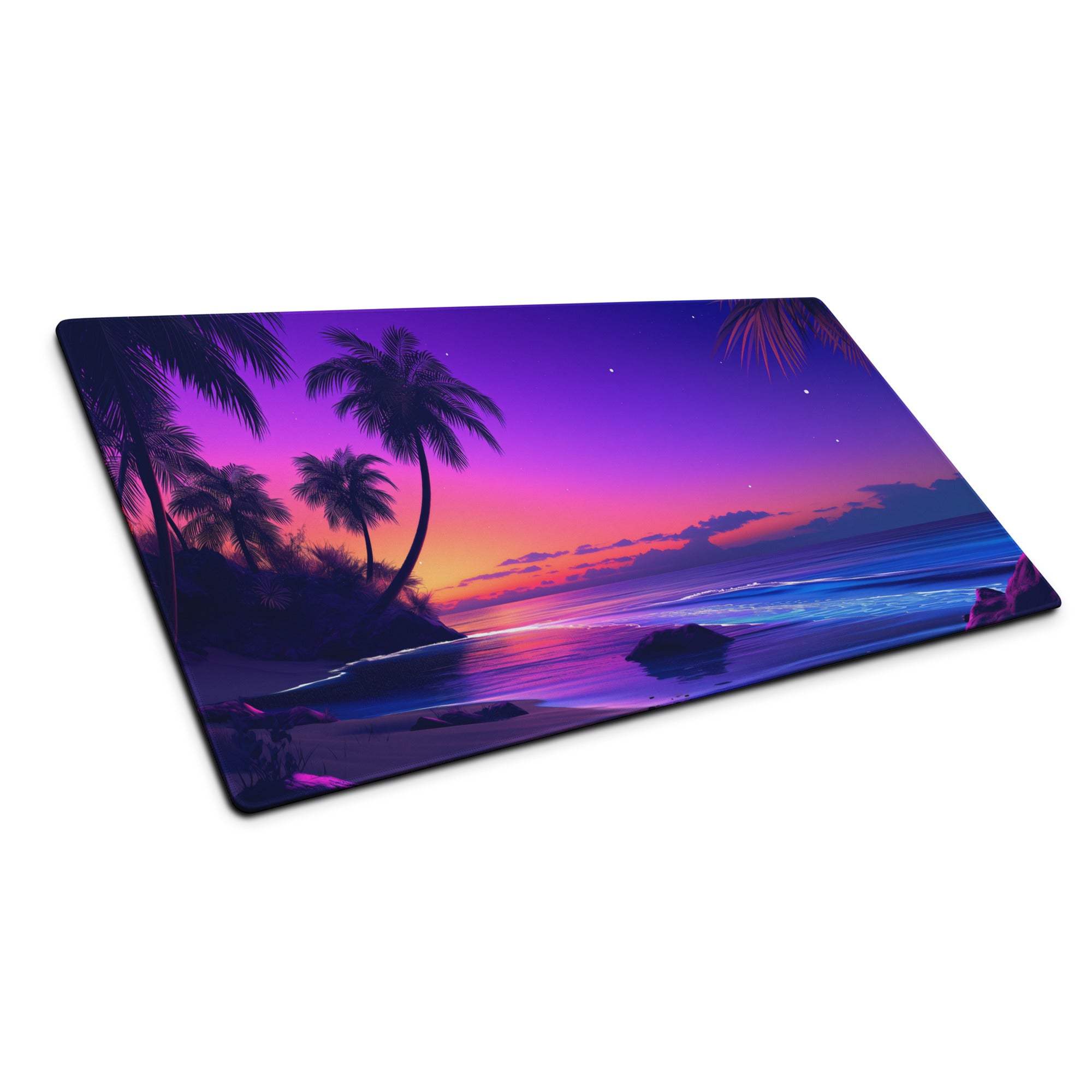 Large tropical sunset gaming mouse pad with palm trees, non-slip base, stitched edges