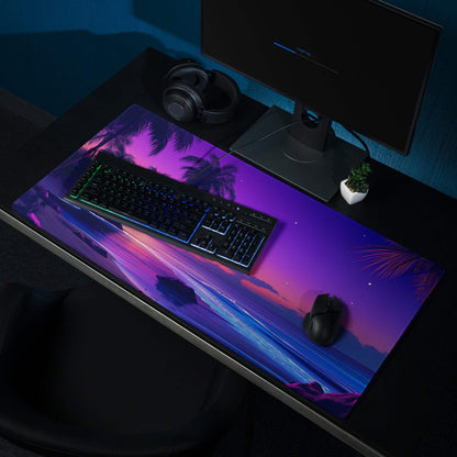 Vibrant purple pink tropical sunset gaming mousepad with palm trees waves