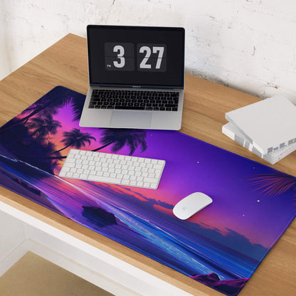Vibrant purple pink tropical sunset large gaming mouse pad with palm trees waves