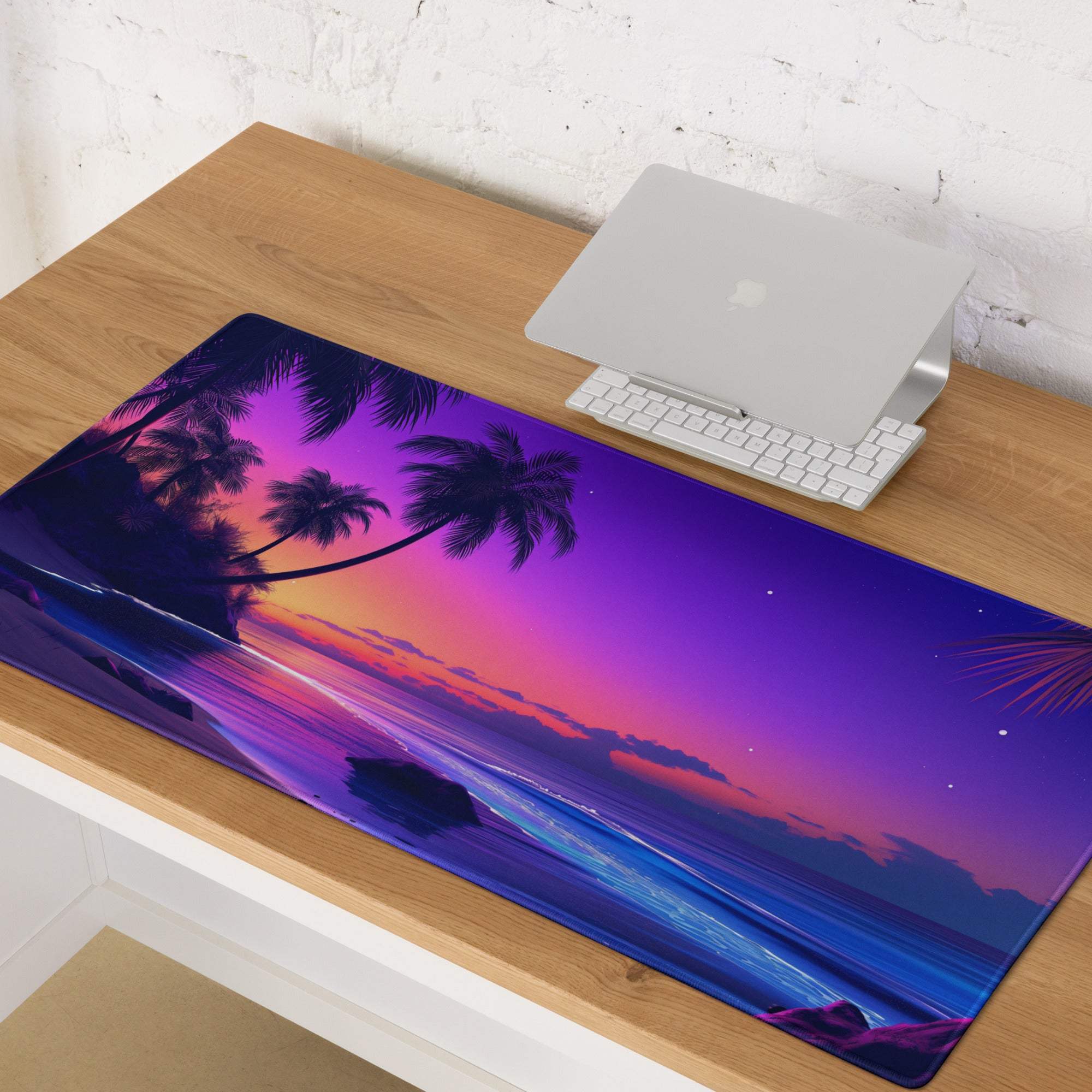 Large tropical sunset gaming mouse pad with vibrant purple pink beach palm trees