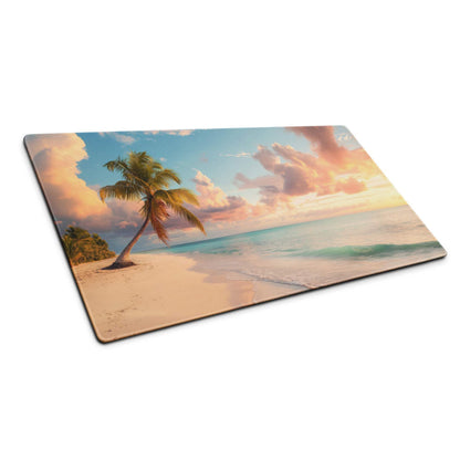 Sunset beach palm tree mouse pad with turquoise waves and pink orange sky