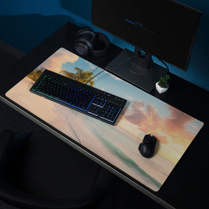 Beige peach Sunset Beach Paradise gaming mouse pad with palm trees waves