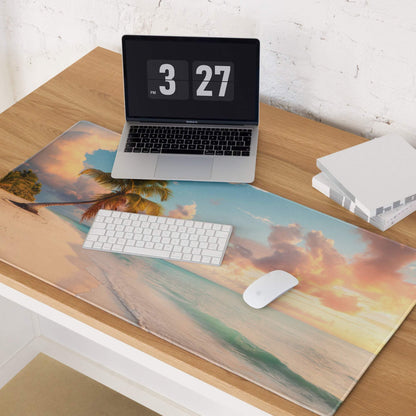 Sunset Beach Paradise gaming mouse pad with palm trees and ocean waves