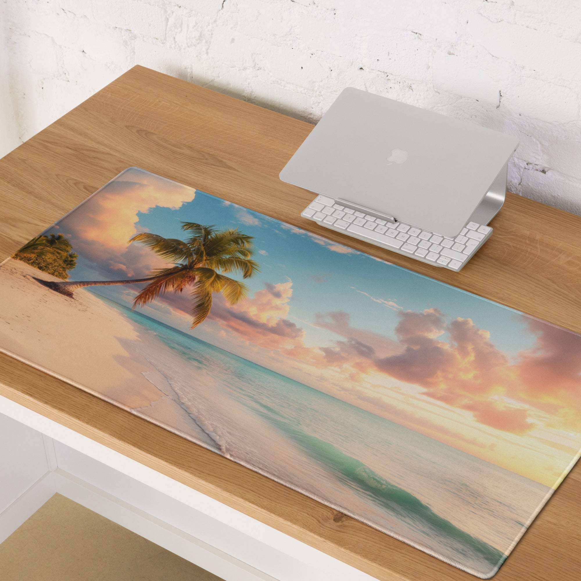 Sunset Beach Paradise gaming mouse pad with palm trees and turquoise waves