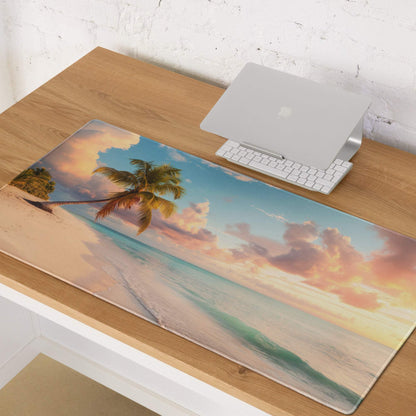 Sunset Beach Paradise gaming mouse pad with palm trees and turquoise waves