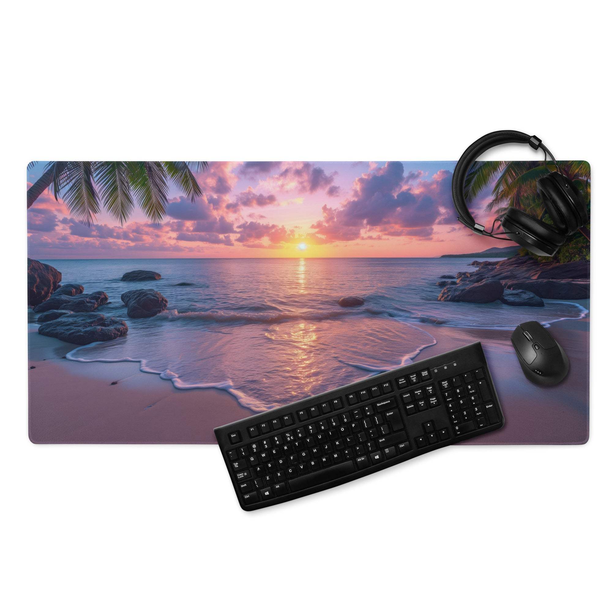 Vibrant beige purple sunset beach mouse pad with palm trees waves rocks
