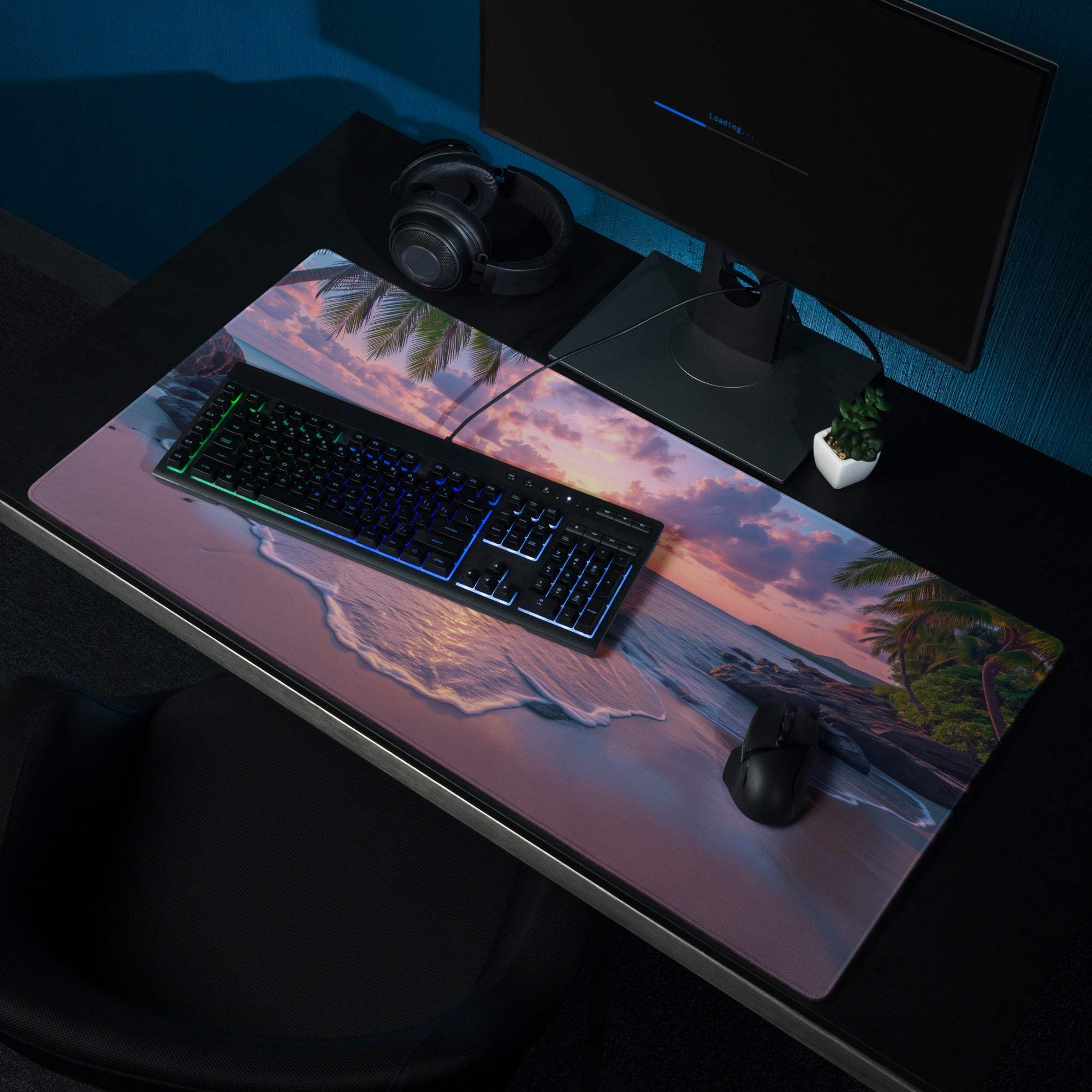 Large vibrant sunset beach gaming mouse pad with non-slip backing