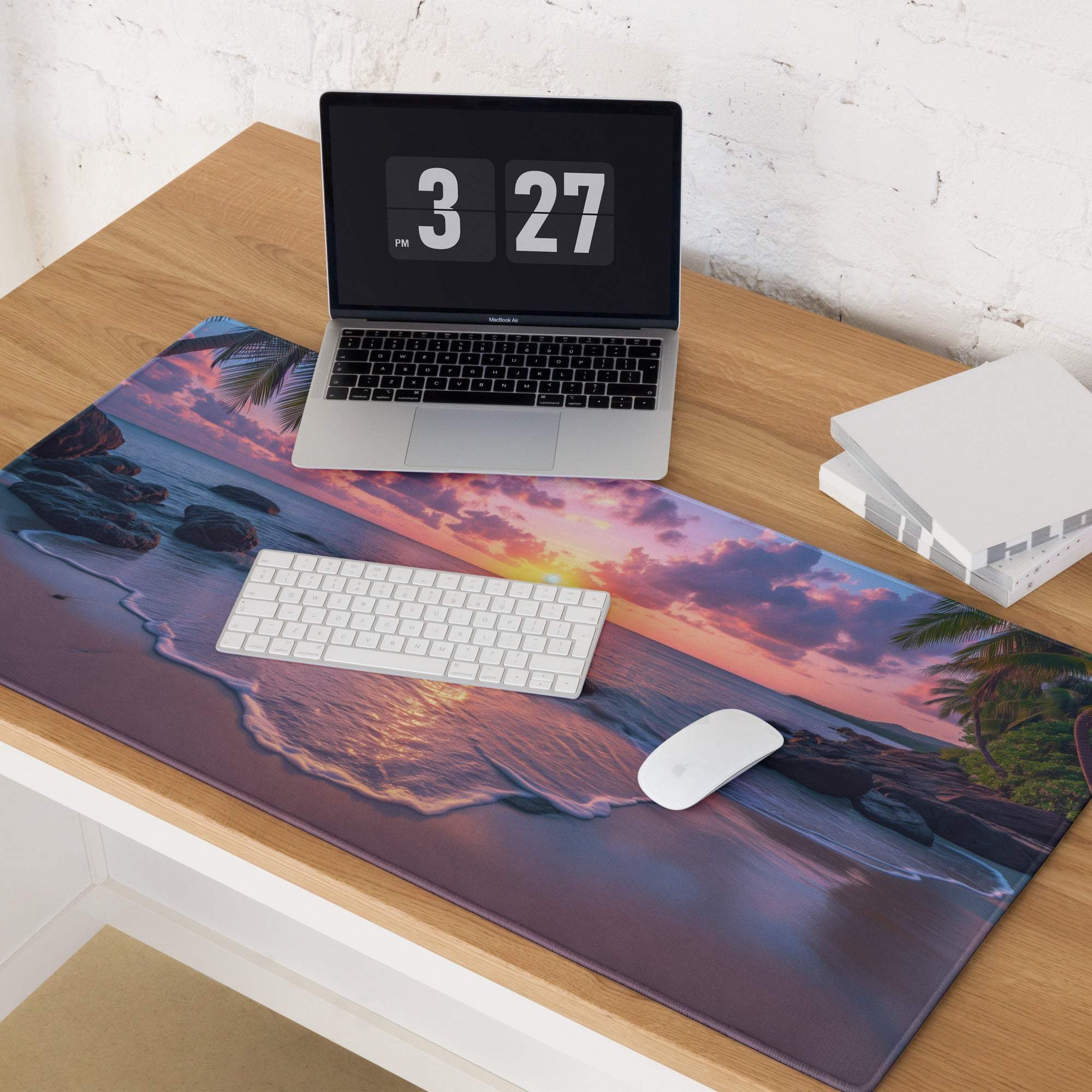 Vibrant beige purple sunset beach gaming mouse pad with palm trees waves rocks