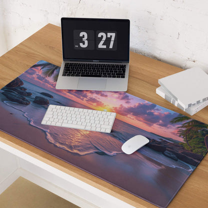 Vibrant beige purple sunset beach gaming mouse pad with palm trees waves rocks