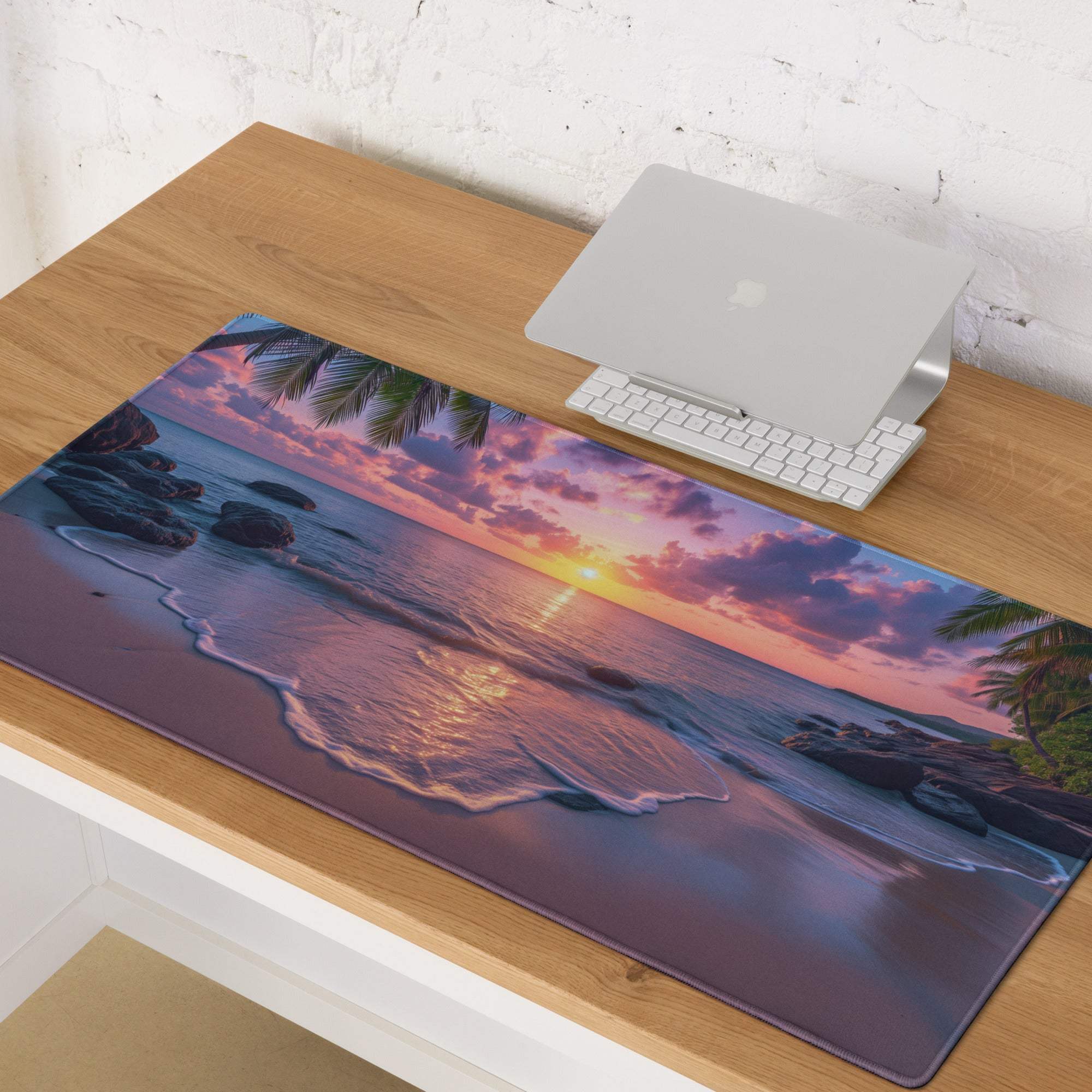 Vibrant sunset beach gaming mouse pad with palm trees, ocean waves, non-slip backing