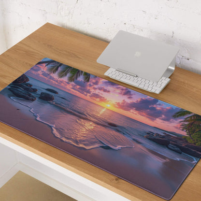 Vibrant sunset beach gaming mouse pad with palm trees, ocean waves, non-slip backing
