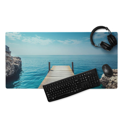 Calm ocean dock gaming mouse pad with serene pier, turquoise water, non-slip backing