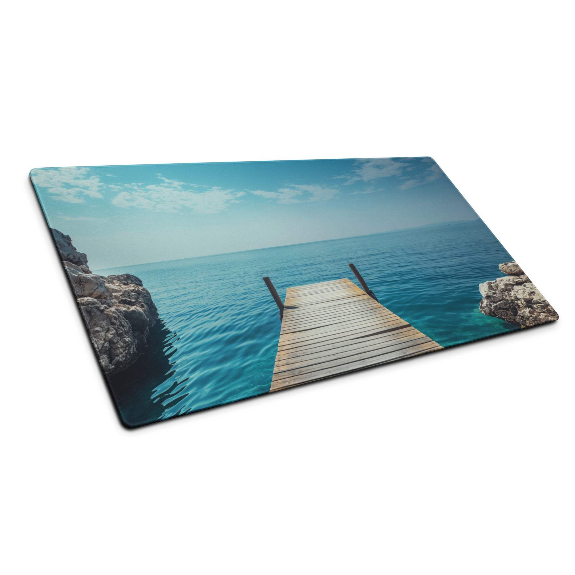 Calm ocean dock gaming mouse pad with turquoise water, dock, rocks, non-slip backing