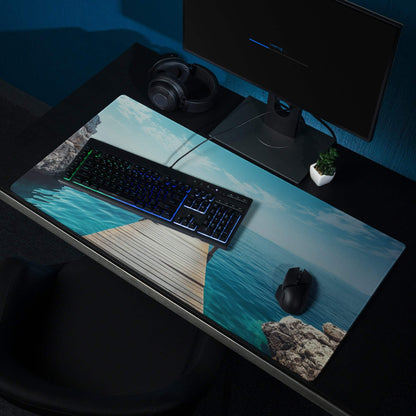 Calm ocean dock gaming mouse pad with pier over turquoise waters