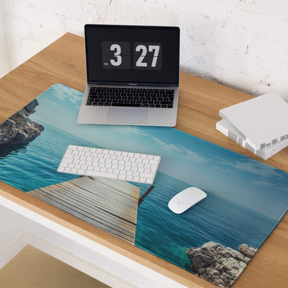 Blue ocean dock scene gaming mouse pad with wooden dock, rocky shore, large non-slip surface
