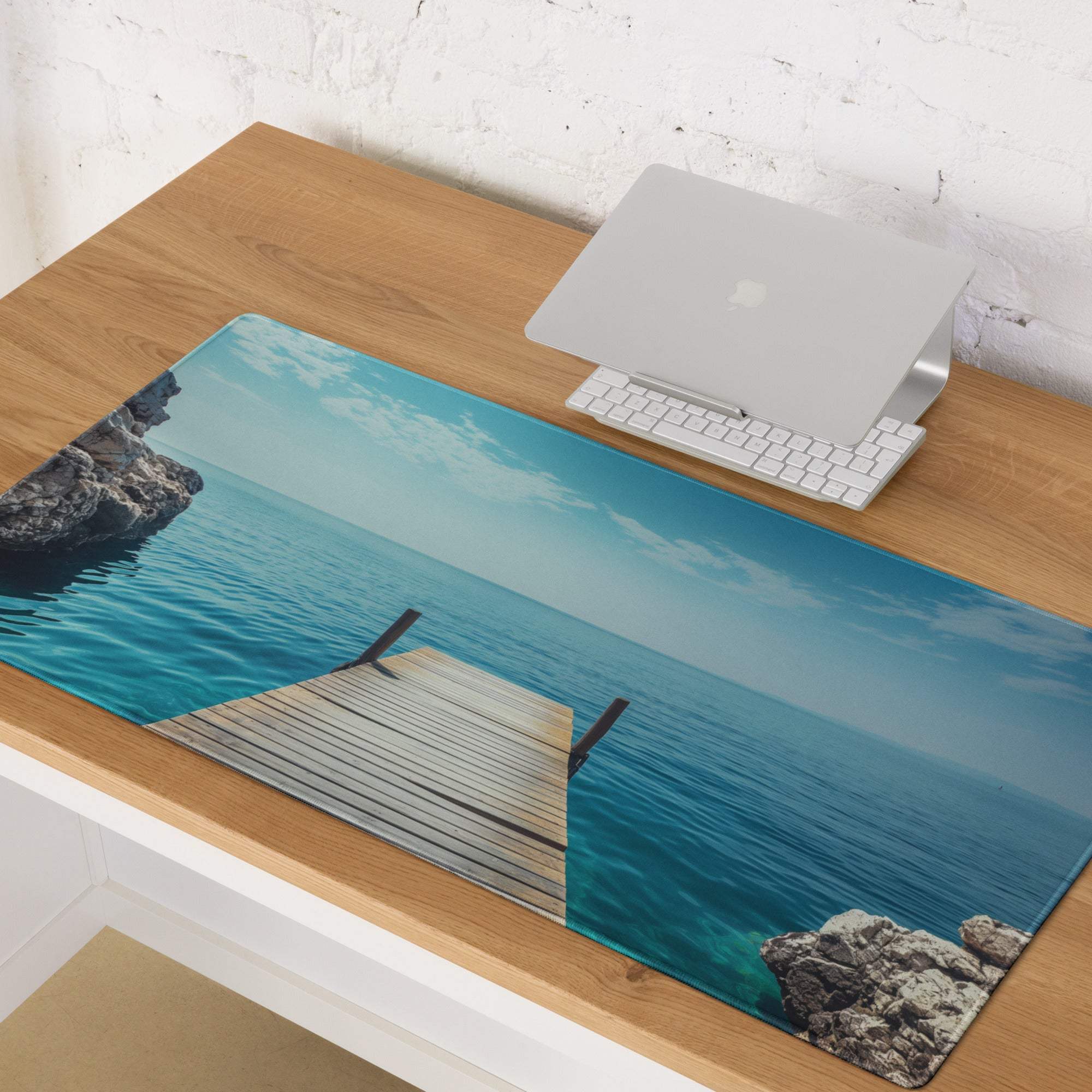 Calm Ocean Dock gaming mouse pad with turquoise dock scene and non-slip backing