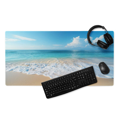 Calm ocean blue gaming mouse pad with turquoise waves, sand, non-slip base