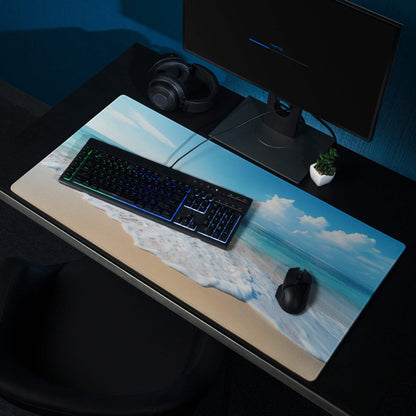 Calm Ocean Blue gaming mouse pad with turquoise waves on sandy shore