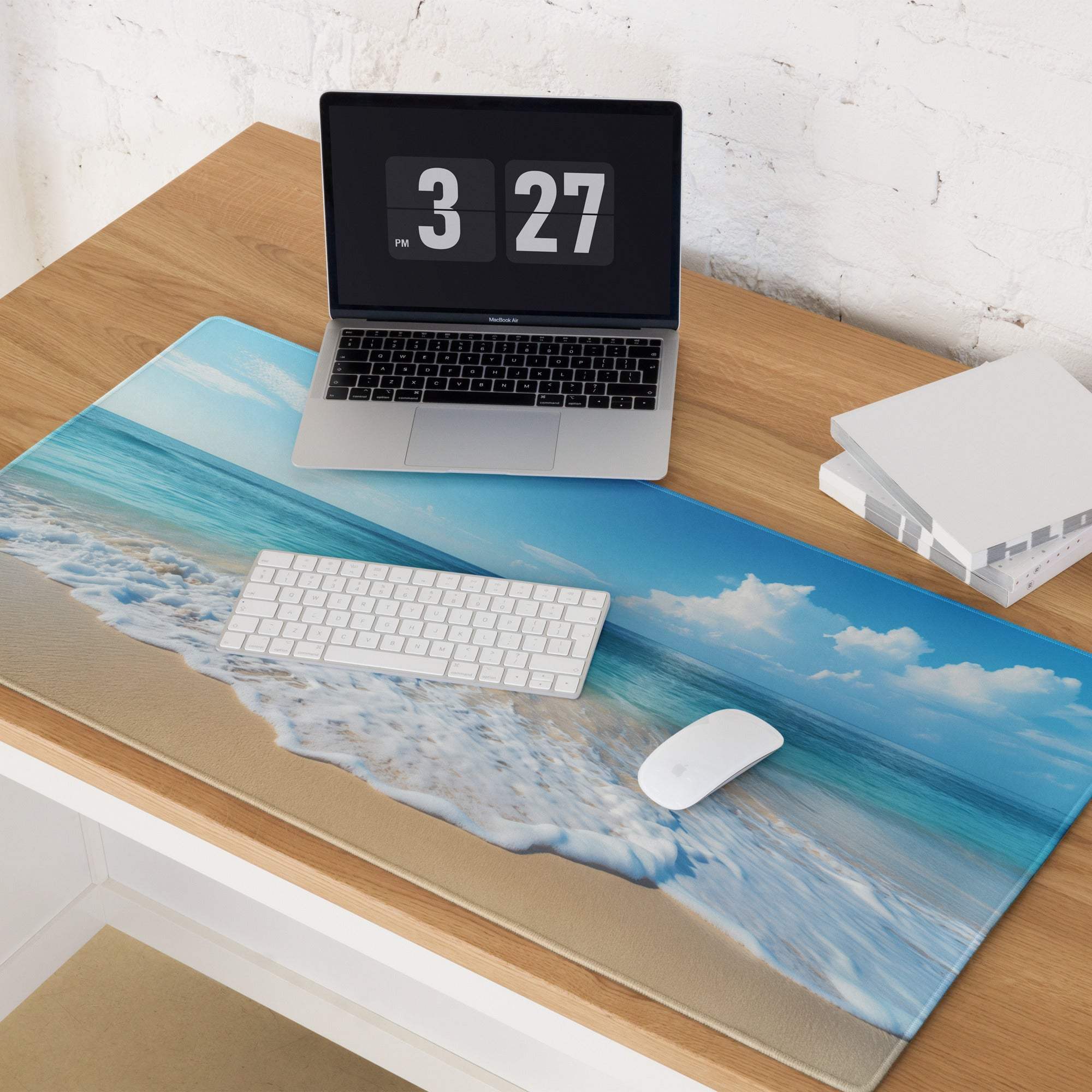 Calm Ocean Blue gaming mouse pad with turquoise waves on sandy shore