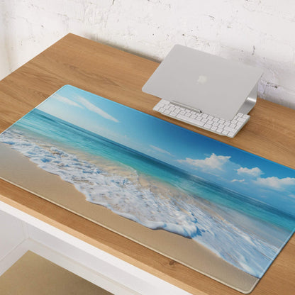 Calm Ocean Blue gaming mouse pad with beige blue wave beach scene
