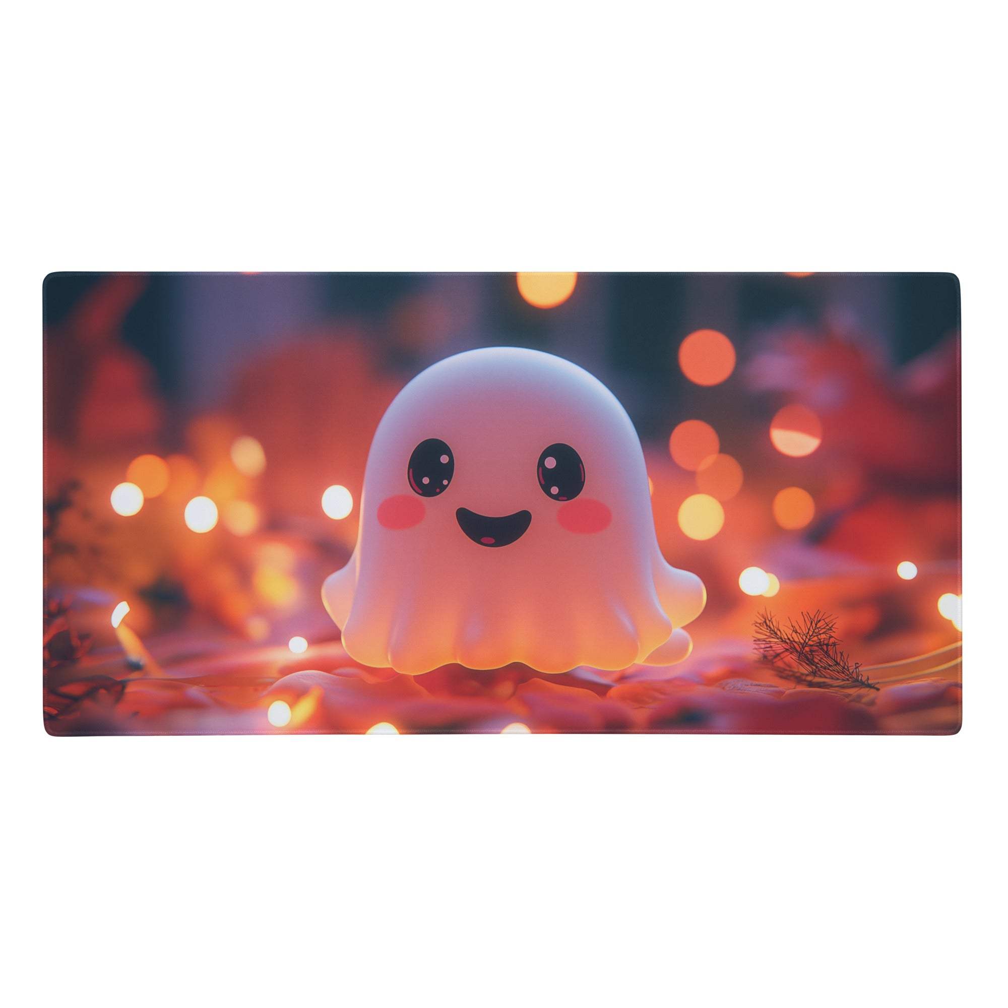 A soft glowing pink ghost themed non slip oversized gaming pad with black eyes and smiling mouth on warm bokeh lights