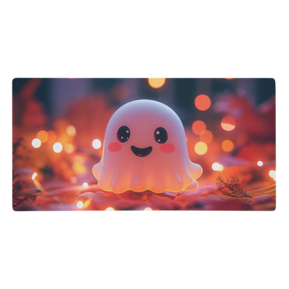 A soft glowing pink ghost themed non slip oversized gaming pad with black eyes and smiling mouth on warm bokeh lights