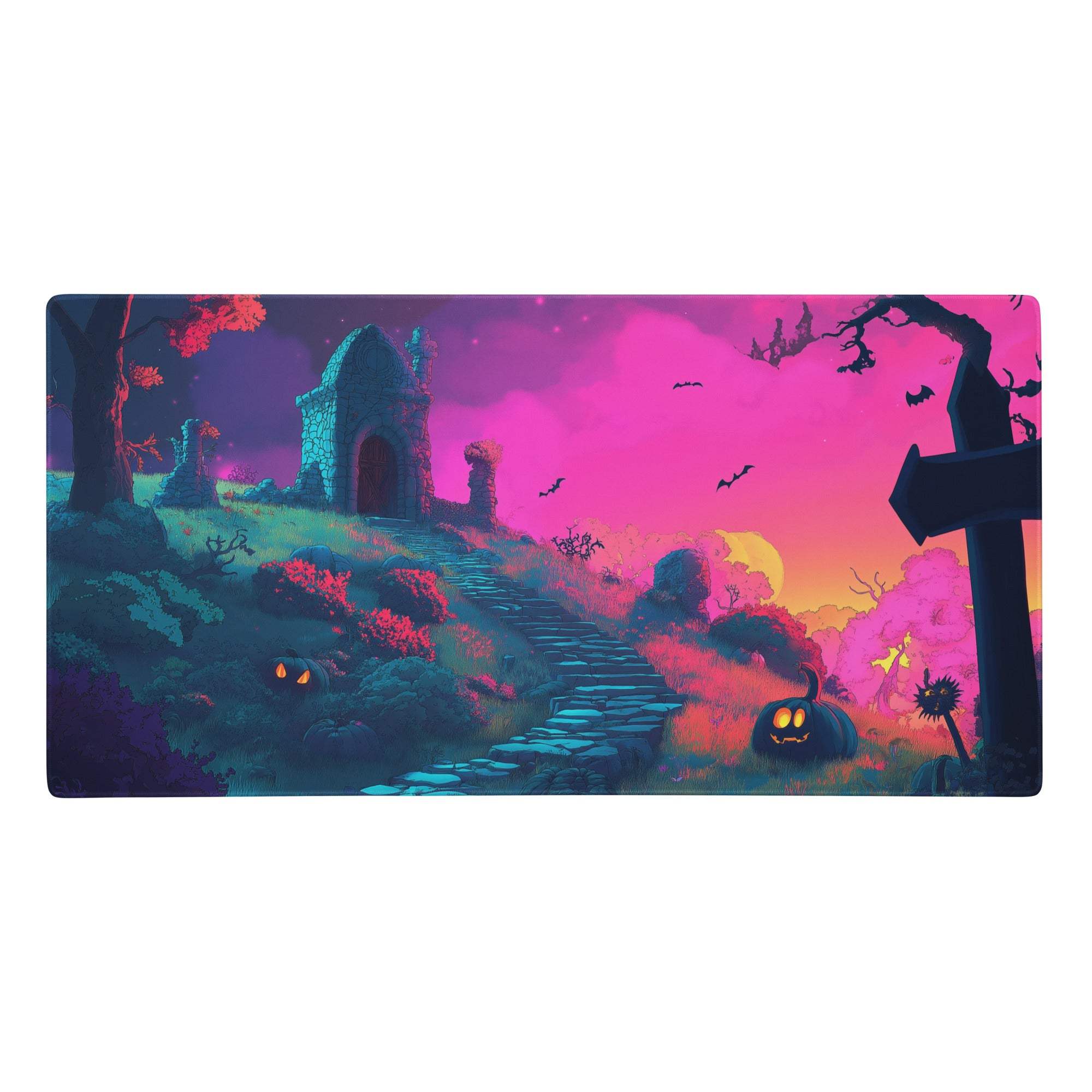 Neon sunset castle mouse pad featuring a vibrant pink and blue halloween graveyard scene with glowing pumpkins and bats