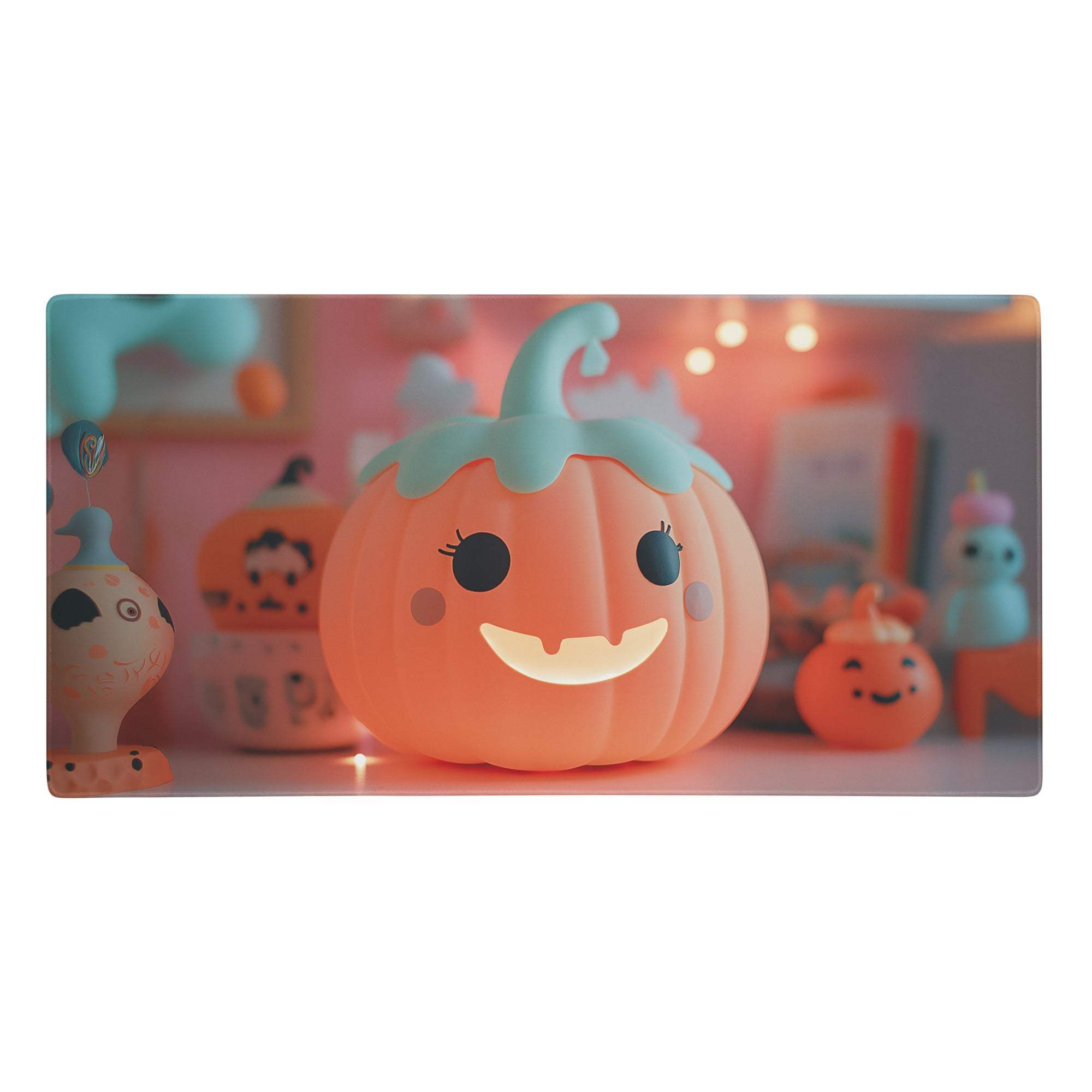 A cheerful orange pumpkin-shaped led lamp with a light blue stem glowing softly on a pumpkin neon desk mat