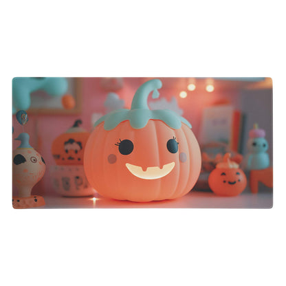 A cheerful orange pumpkin-shaped led lamp with a light blue stem glowing softly on a pumpkin neon desk mat