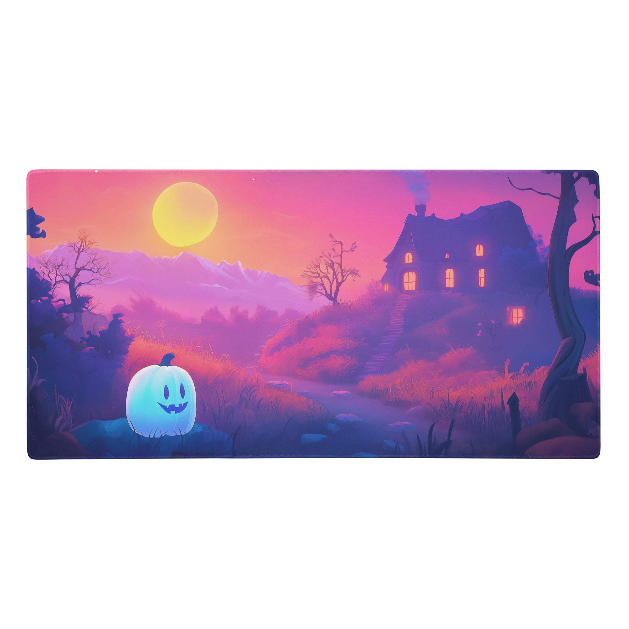A glowing blue pumpkin with a smiling face on a purple sunset halloween twilight mouse pad for gaming and decor