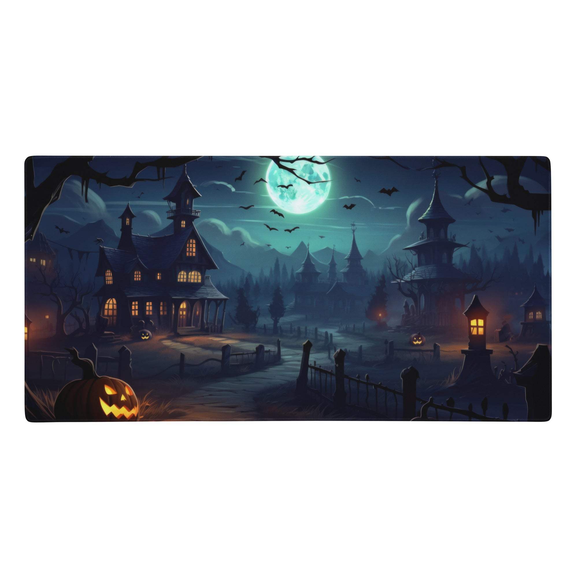 Moonlit gothic halloween village mouse pad featuring haunted house scene with jack o lanterns and bats in blue orange glow
