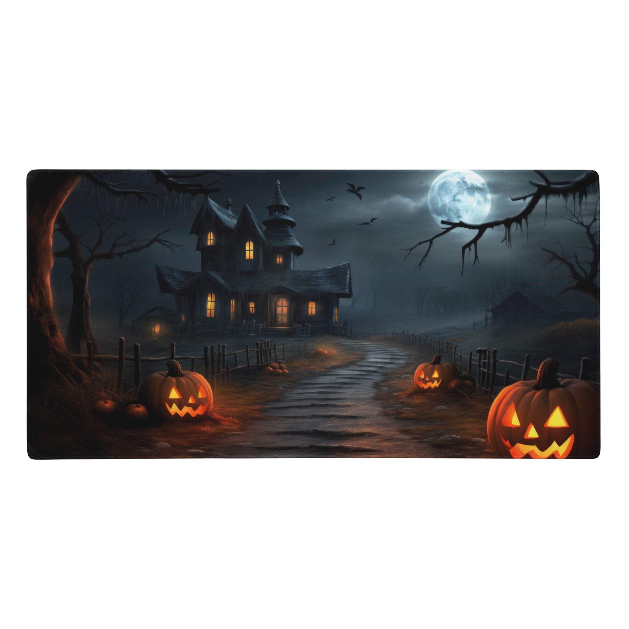 Moonlit gothic halloween mouse pad featuring a spooky haunted house with glowing windows and eerie pumpkins under a full moon